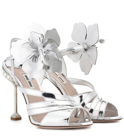 miu miu embellished metallic leather sandals|Silver Metallic Leather Sandals .